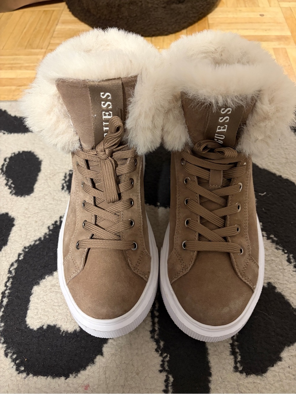 GUESS Brown Faux-Suede Fur-Trim Lace-Up High Top Boots